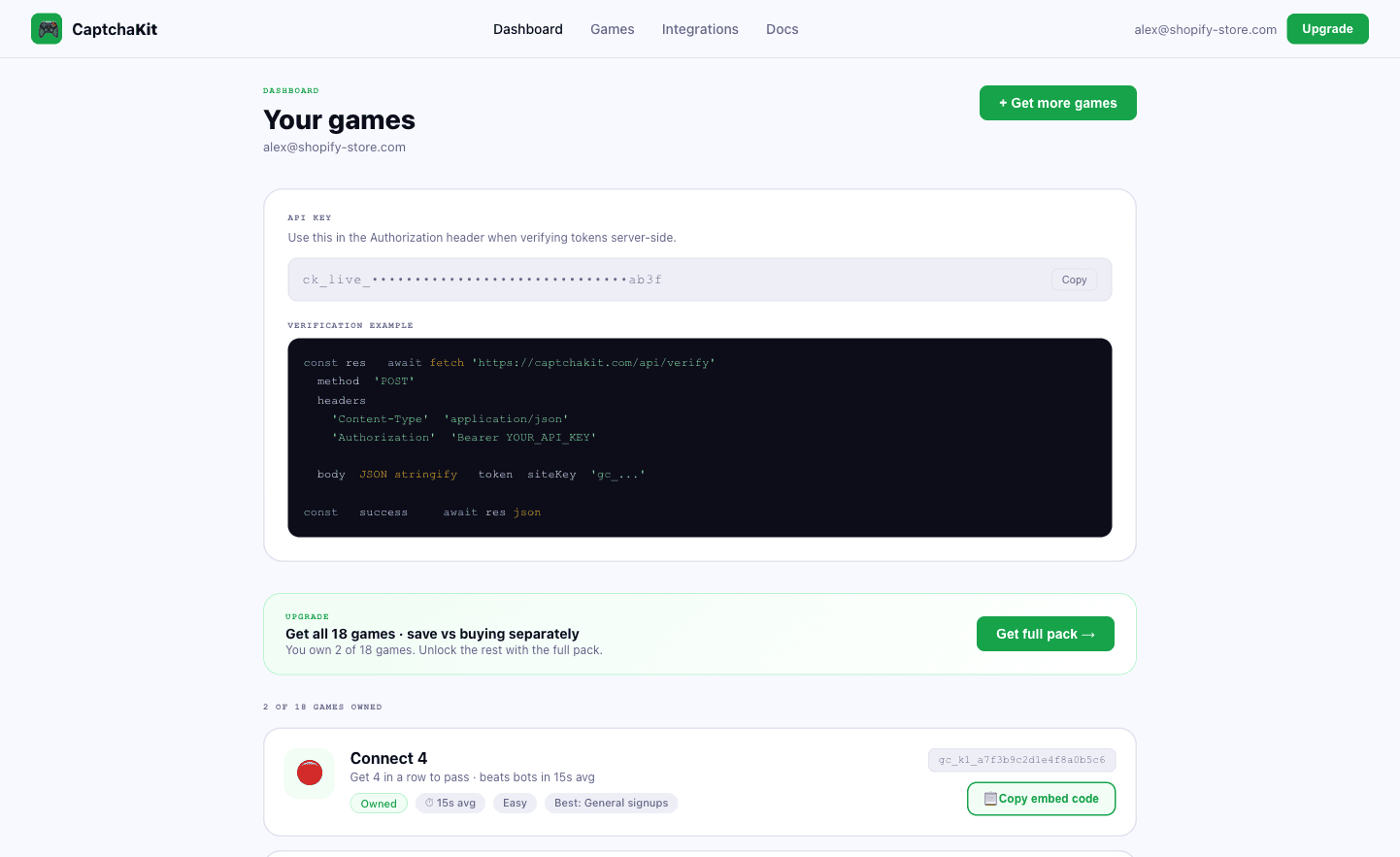 CaptchaKit developer dashboard showing the site owner's API key, a server-side verification code example, and which of the 18 games they own.