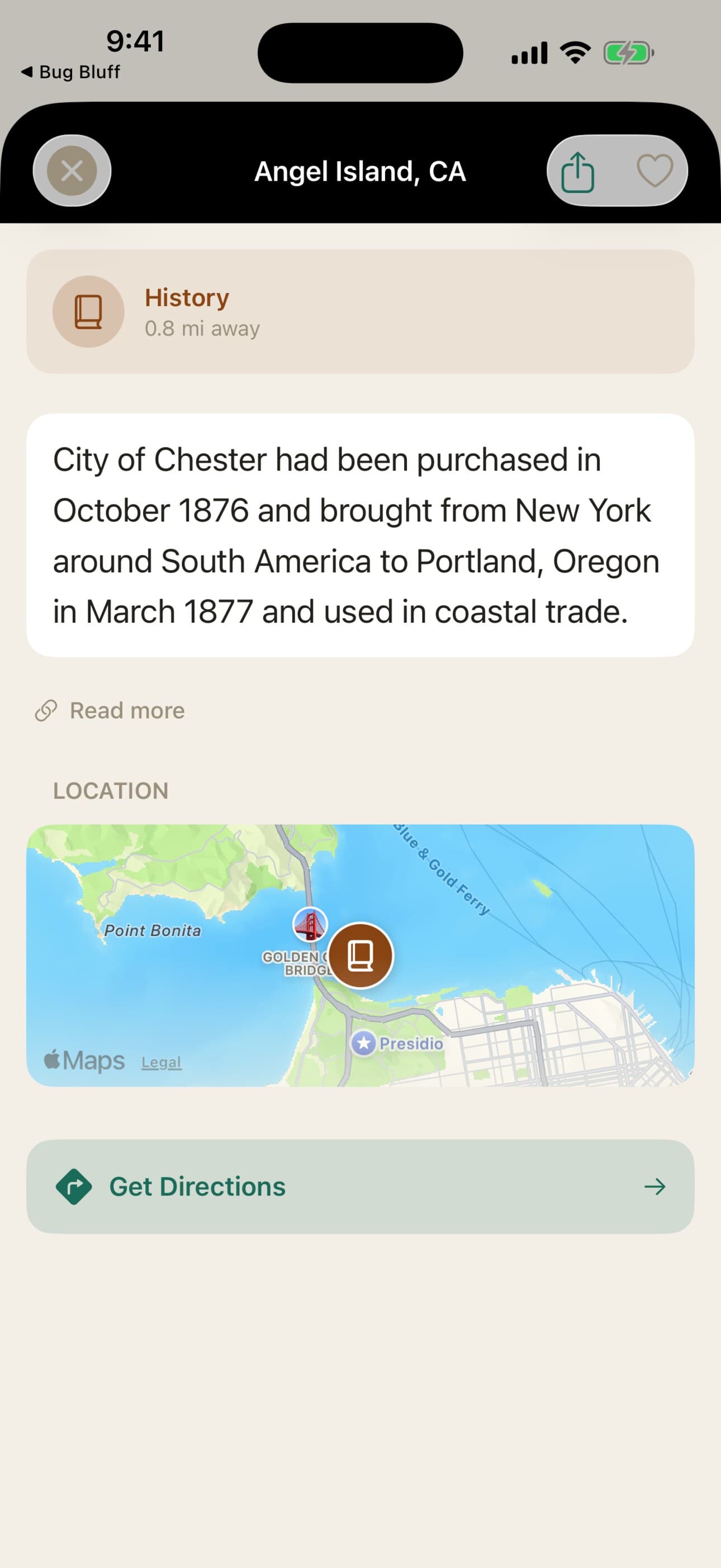 Local Facts fact detail screen for Angel Island, CA: a History fact about the City of Chester, with an embedded map pin at the Golden Gate Bridge and a Get Directions button