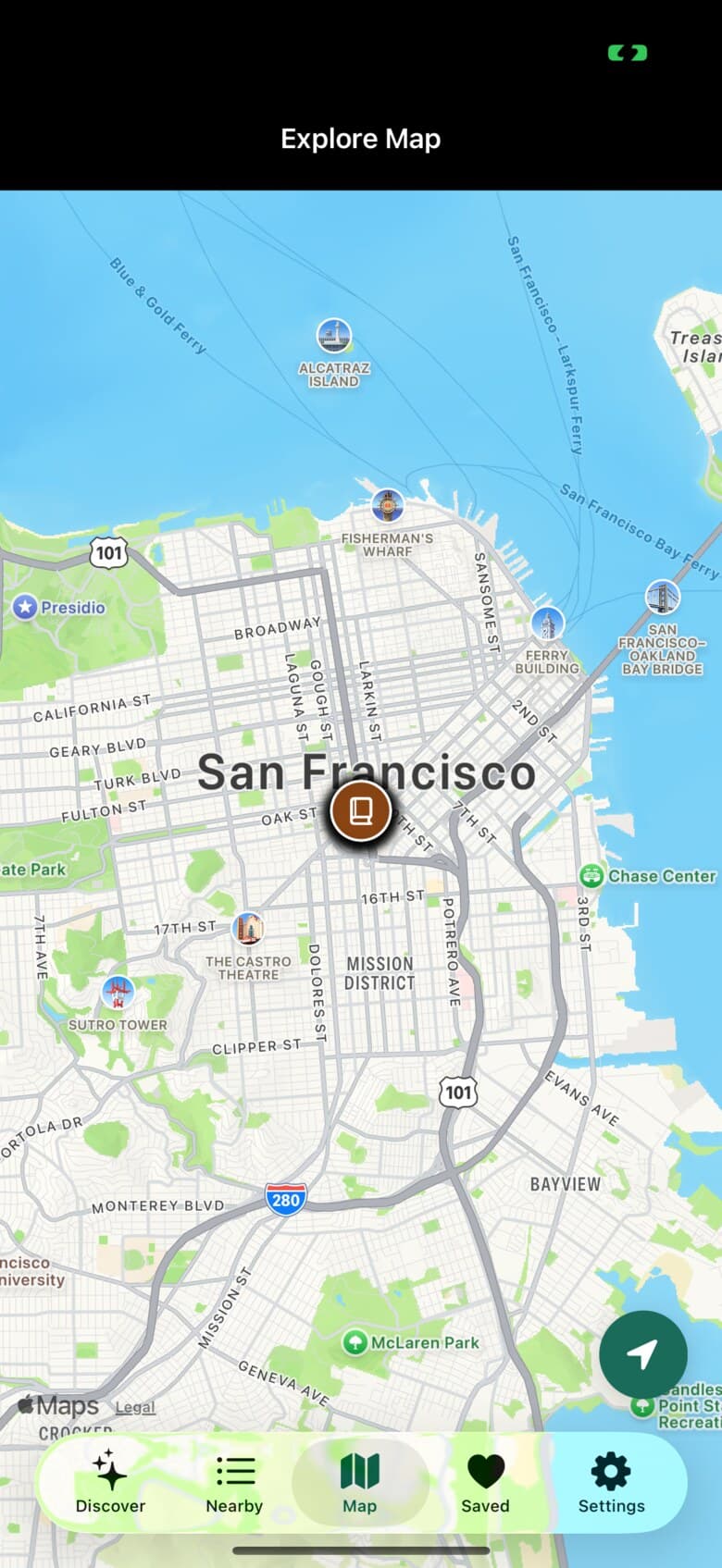 Local Facts map screen showing San Francisco with orange fact pins at the Ferry Building, Castro Theatre, Sutro Tower and other real locations