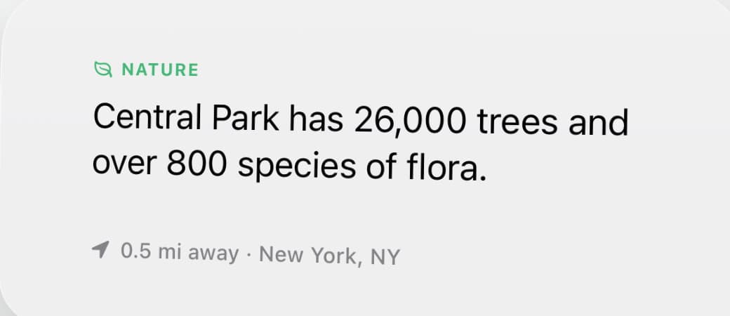 Local Facts home screen widget showing a real fact: Central Park has 26,000 trees and over 800 species of flora, 0.5 mi away in New York, NY