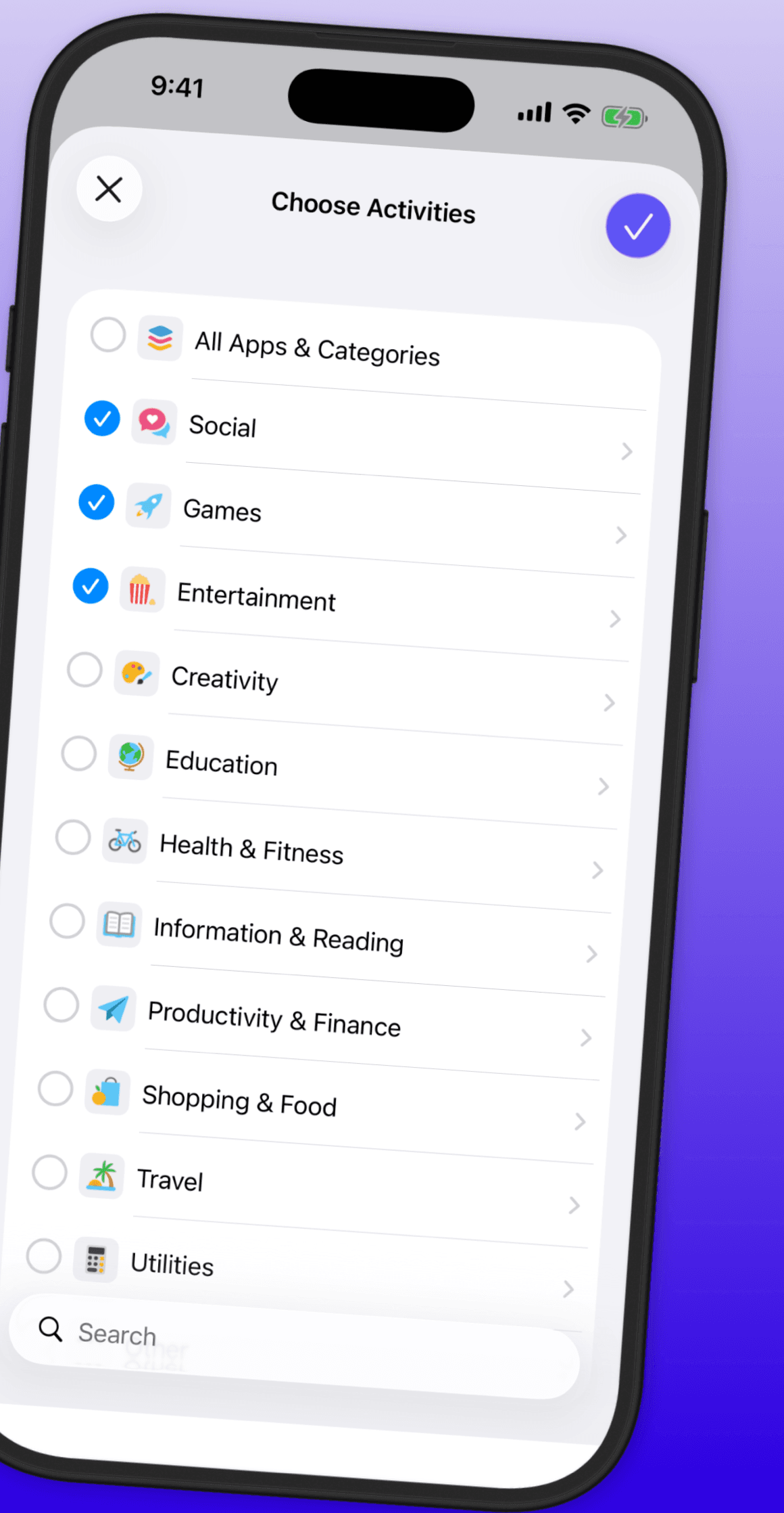 MathGate Choose Activities screen listing app categories such as Social, Games, and Entertainment with checkboxes to block