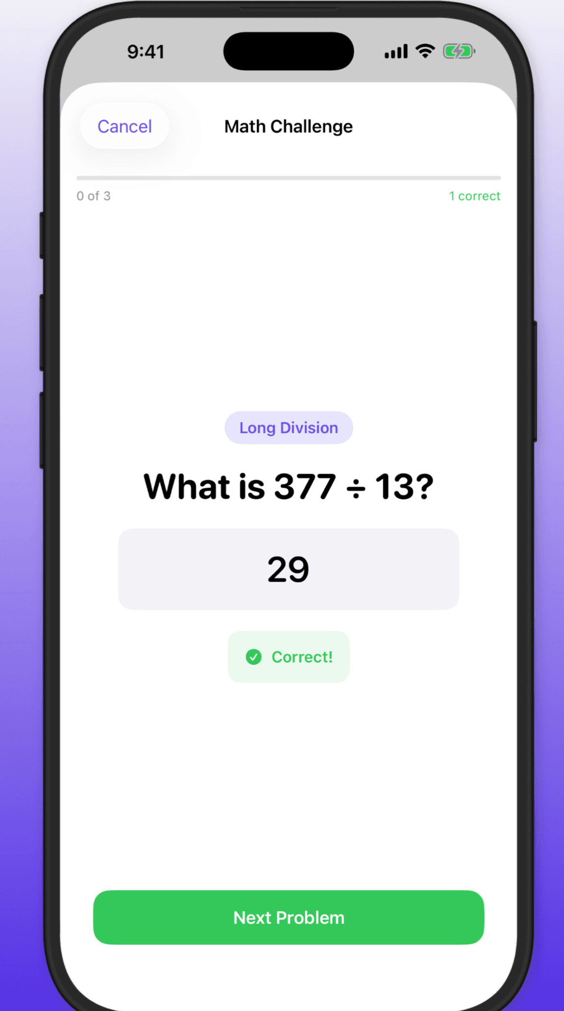 MathGate math challenge screen asking what is 377 divided by 13, answered 29, marked Correct, with a Next Problem button