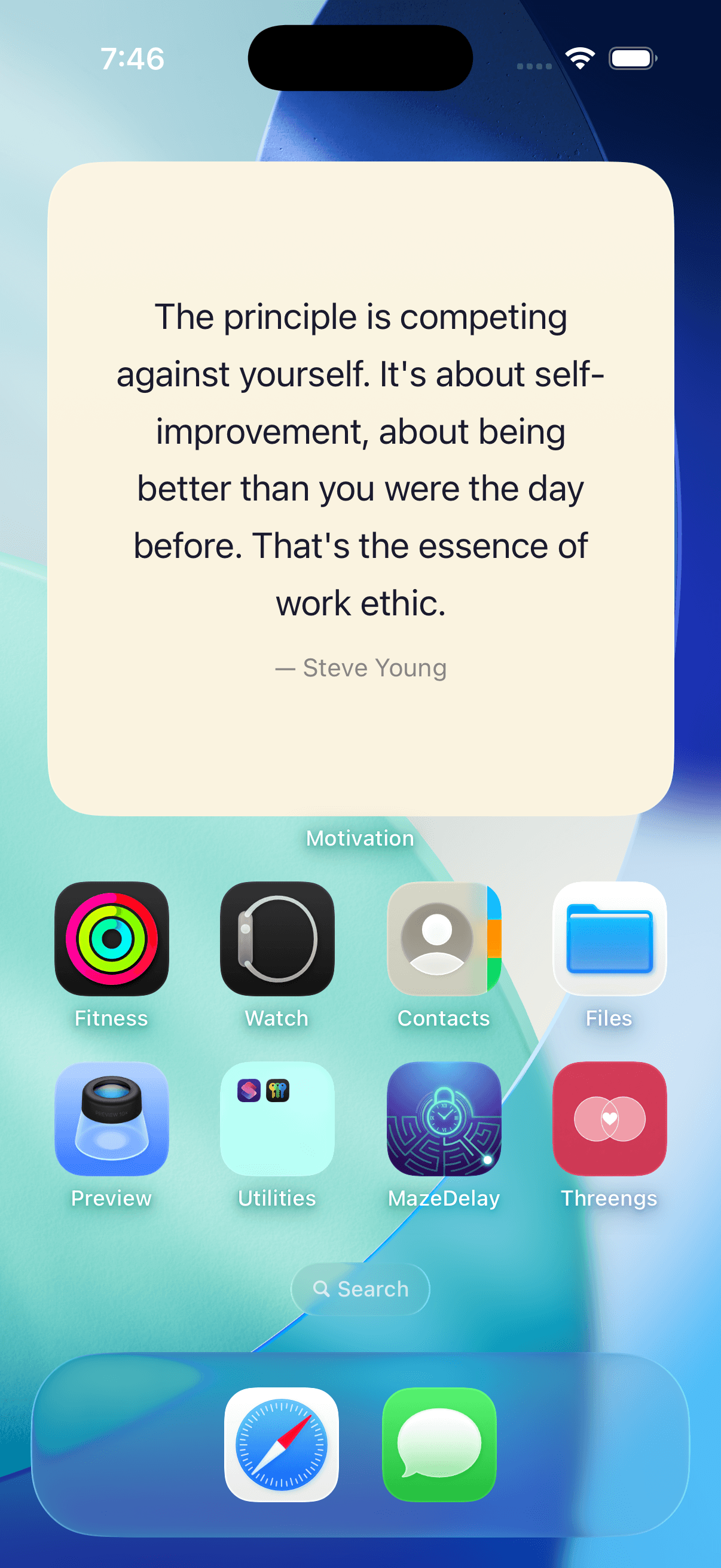 iPhone Home Screen with a large cream quote widget showing a work ethic quote attributed to Steve Young