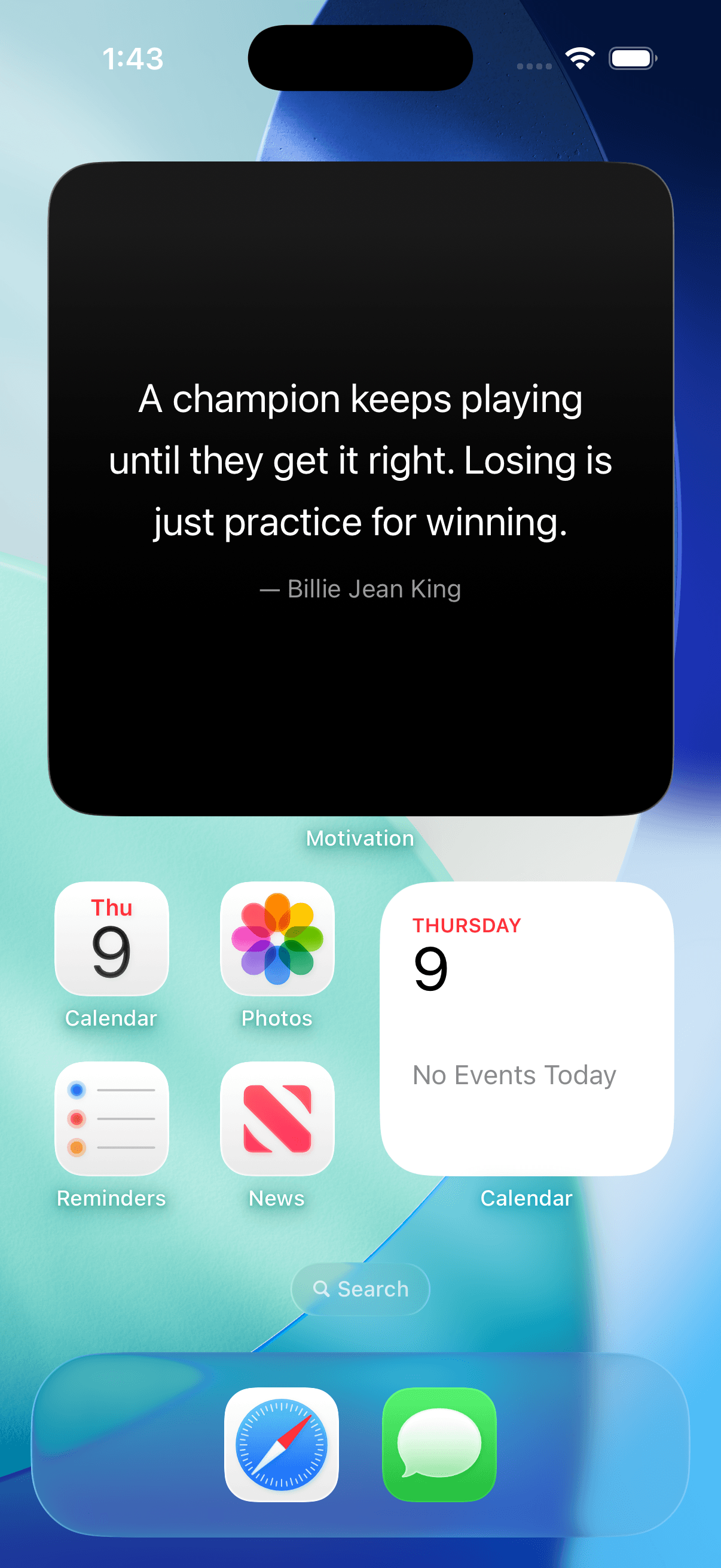 iPhone Home Screen with a large black quote widget showing a Billie Jean King quote beside a calendar widget