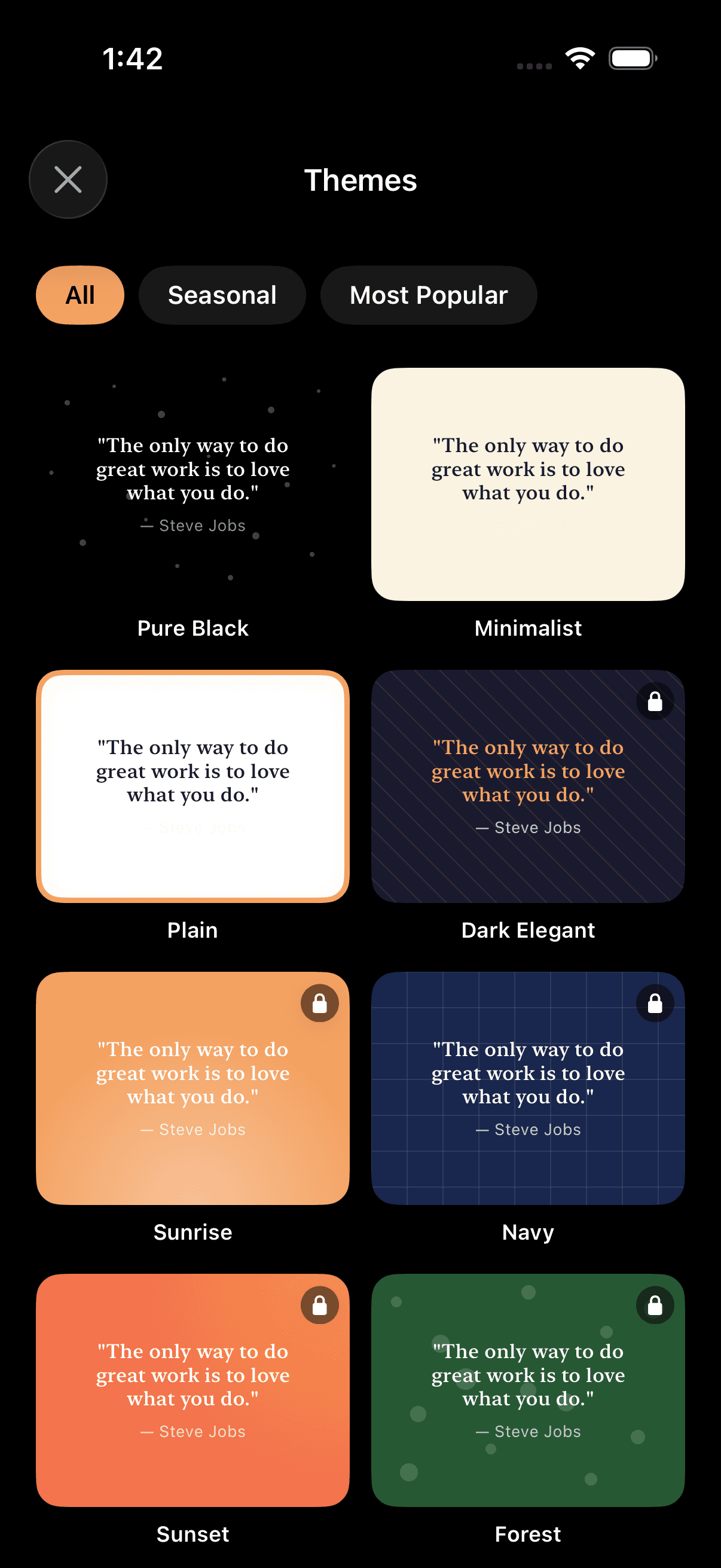Motivational Widget theme picker showing Pure Black, Minimalist, Plain, Dark Elegant, Sunrise, Navy, Sunset, and Forest designs