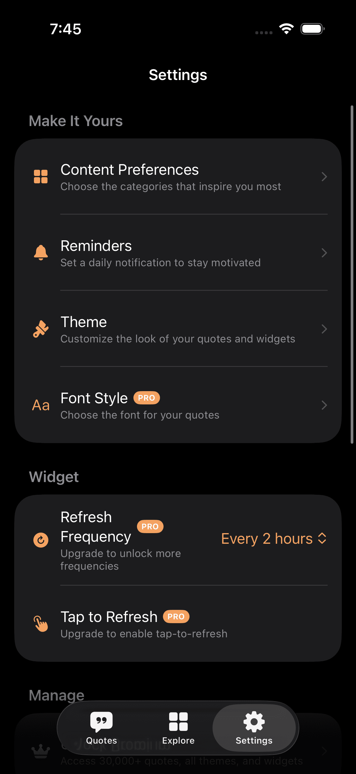 Motivational Widget settings screen with content preferences, reminders, theme, font style, and refresh frequency controls