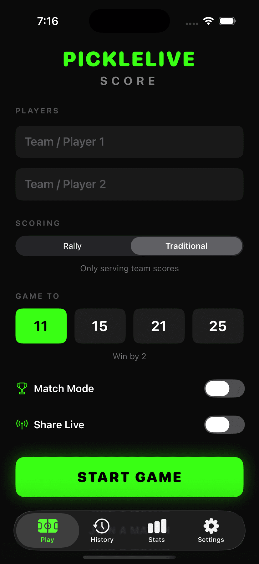 PickleLive new game setup with player names, rally versus traditional scoring, game-to 11, 15, 21 or 25, match mode, and share-live toggles