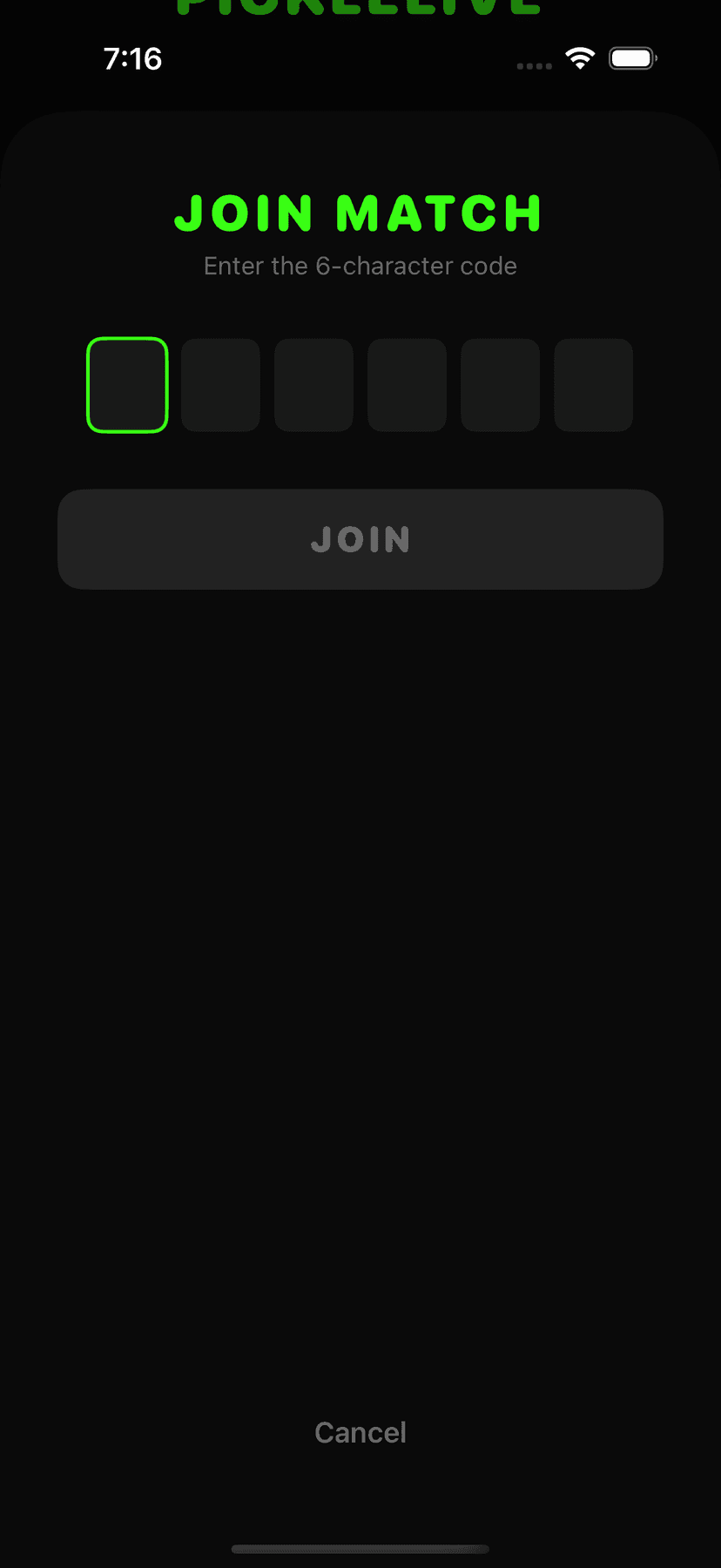 PickleLive Join Match screen with a six-character game code entry field