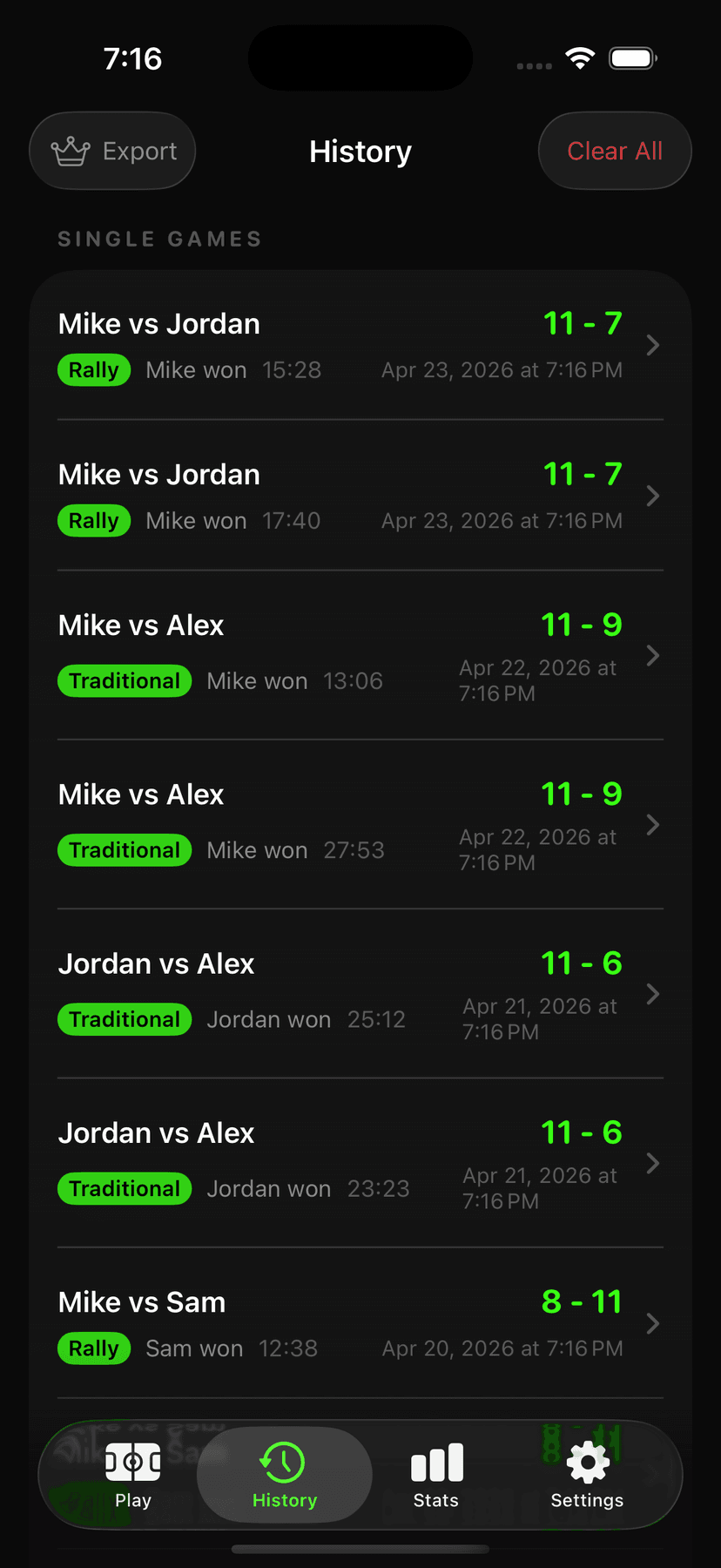 PickleLive History screen listing past single games with final scores and dates