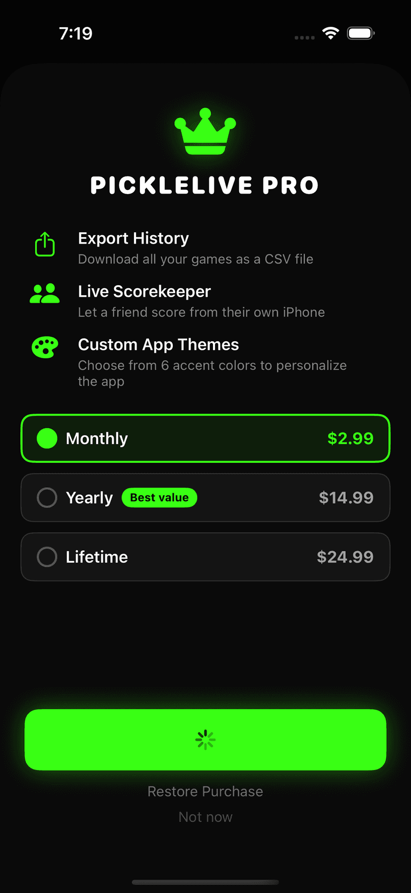 PickleLive Pro screen with export history, live scorekeeper, themes, and monthly subscription selected