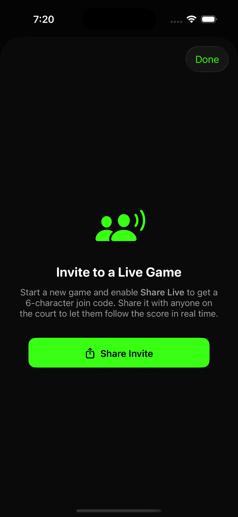 PickleLive Invite to a Live Game screen with a Share Invite button
