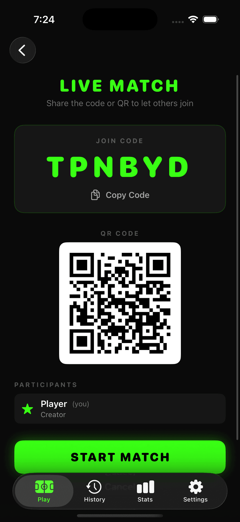 PickleLive live match screen with the join code TPNBYD, a QR code, and participant list