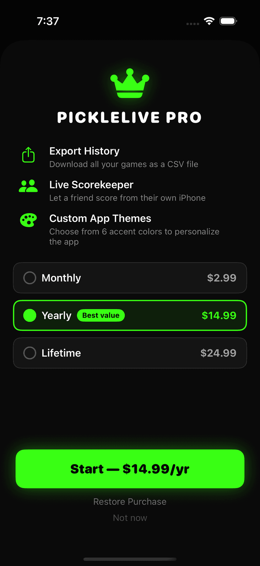 PickleLive Pro screen with the yearly subscription option selected