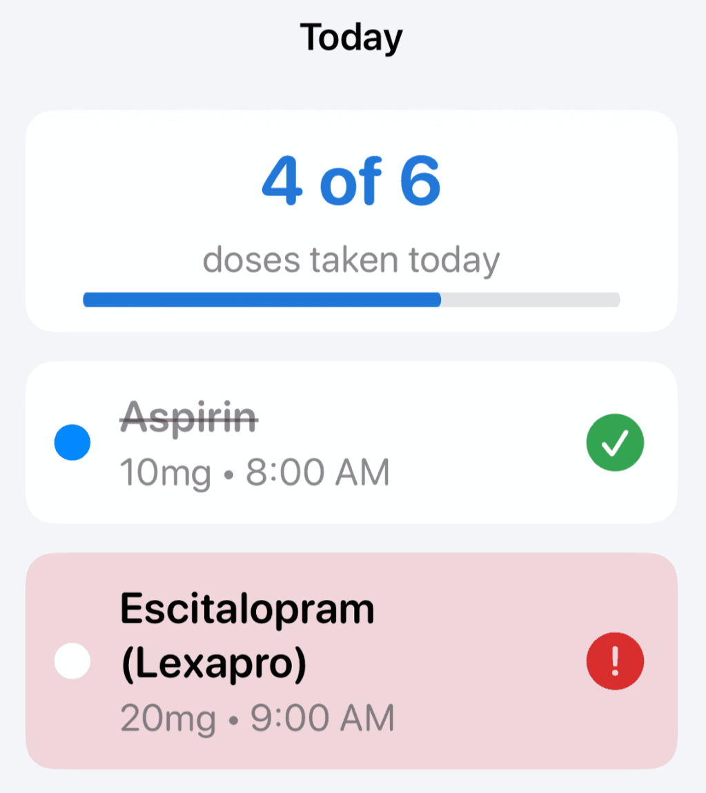 PillPair's Today screen showing 4 of 6 doses taken with a progress bar, Aspirin checked off green, and Escitalopram flagged red as due