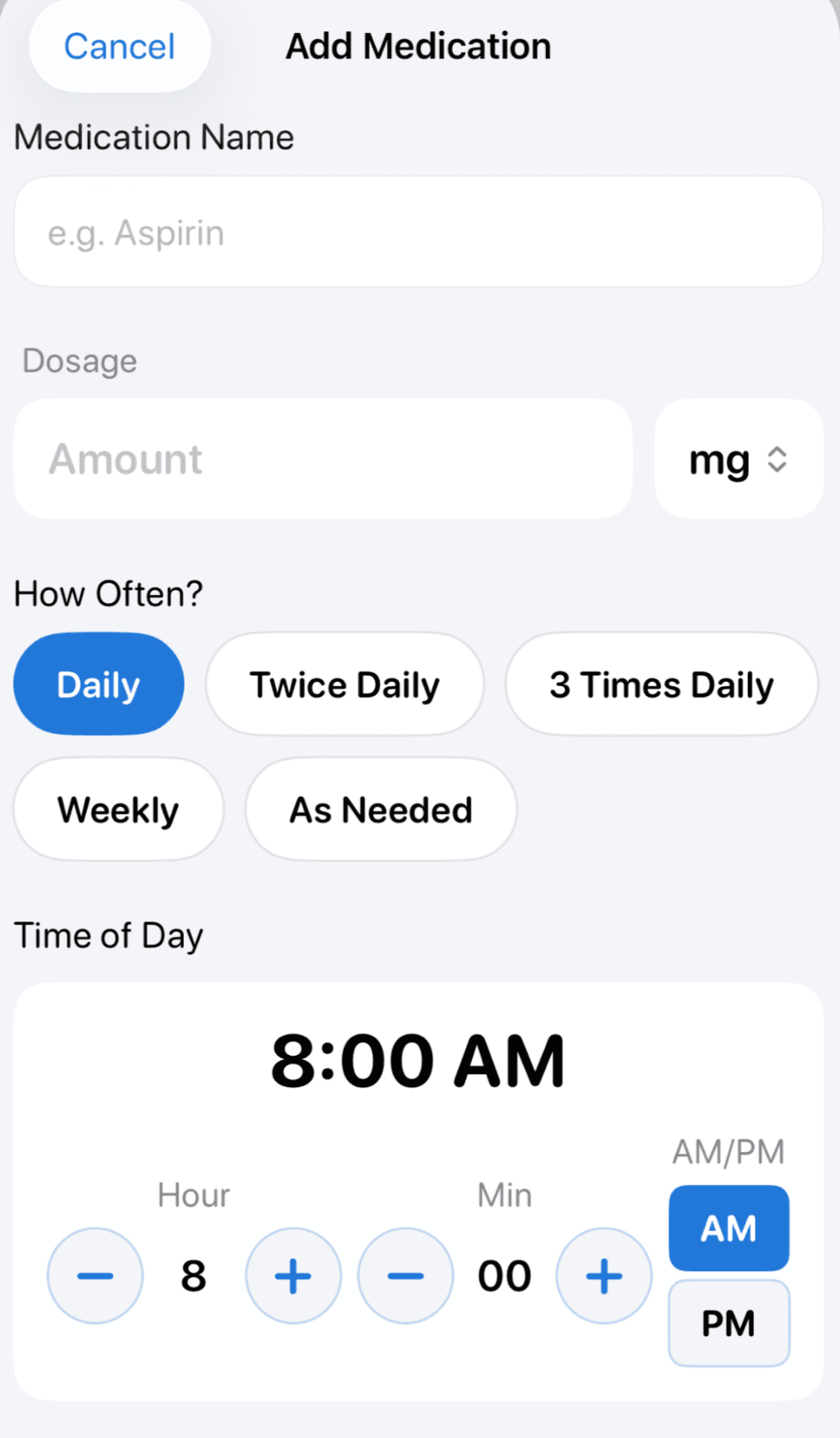 PillPair's Add Medication form showing name, dosage, how often, and a time of day picker set to 8:00 AM