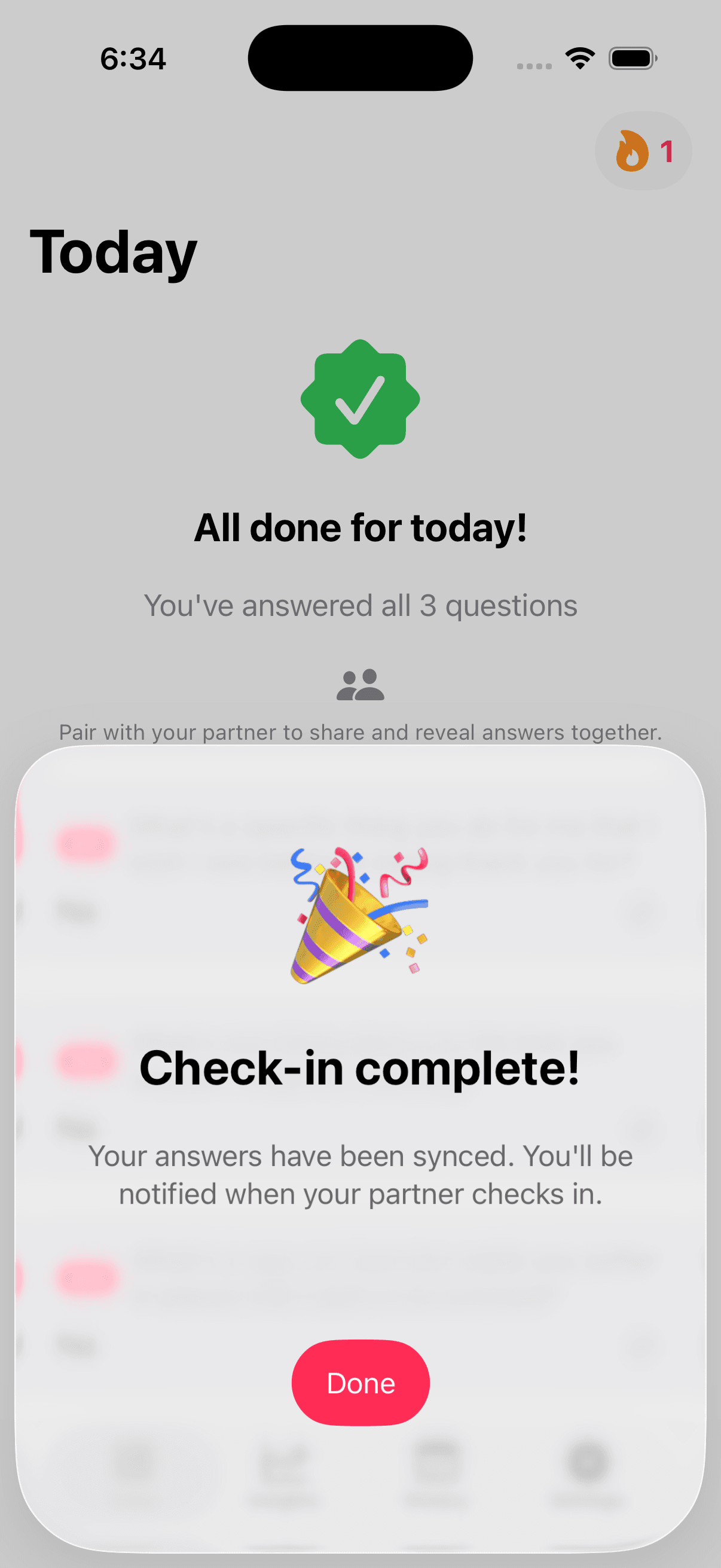 Threengs Today screen showing a completed three-question check-in and confirmation sheet