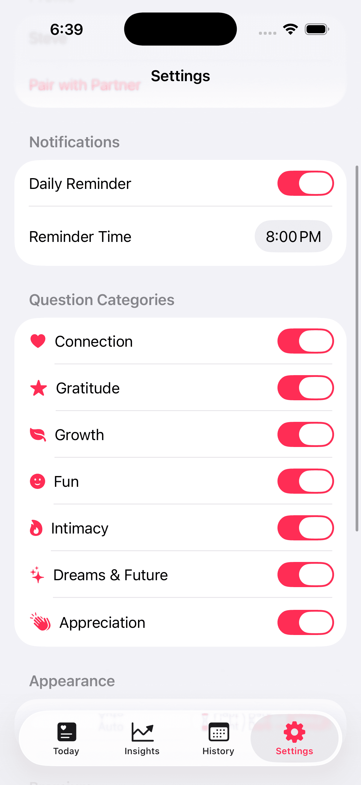 Threengs Settings screen with toggles for question categories and a daily reminder