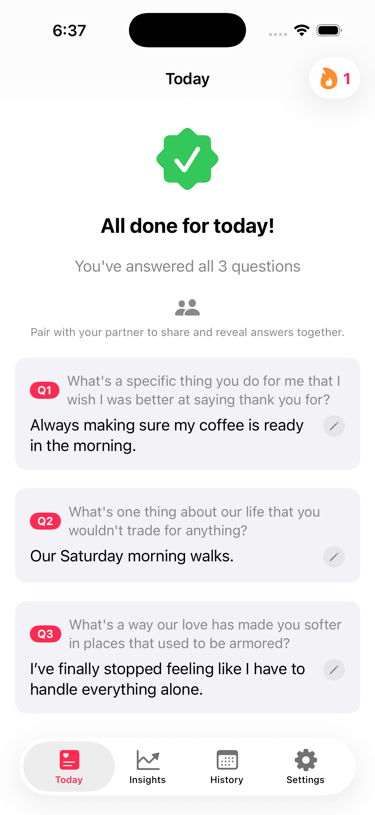 Threengs Today screen showing three answered daily questions ready to review