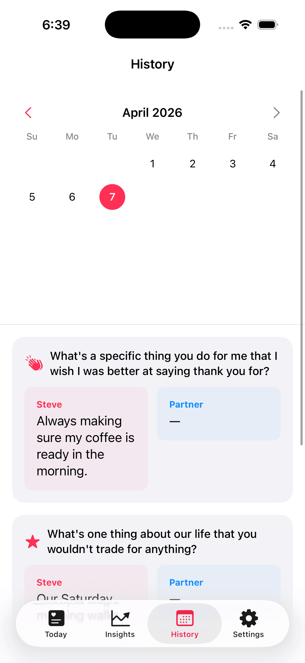 Threengs History calendar with past questions and separate answer columns for each partner