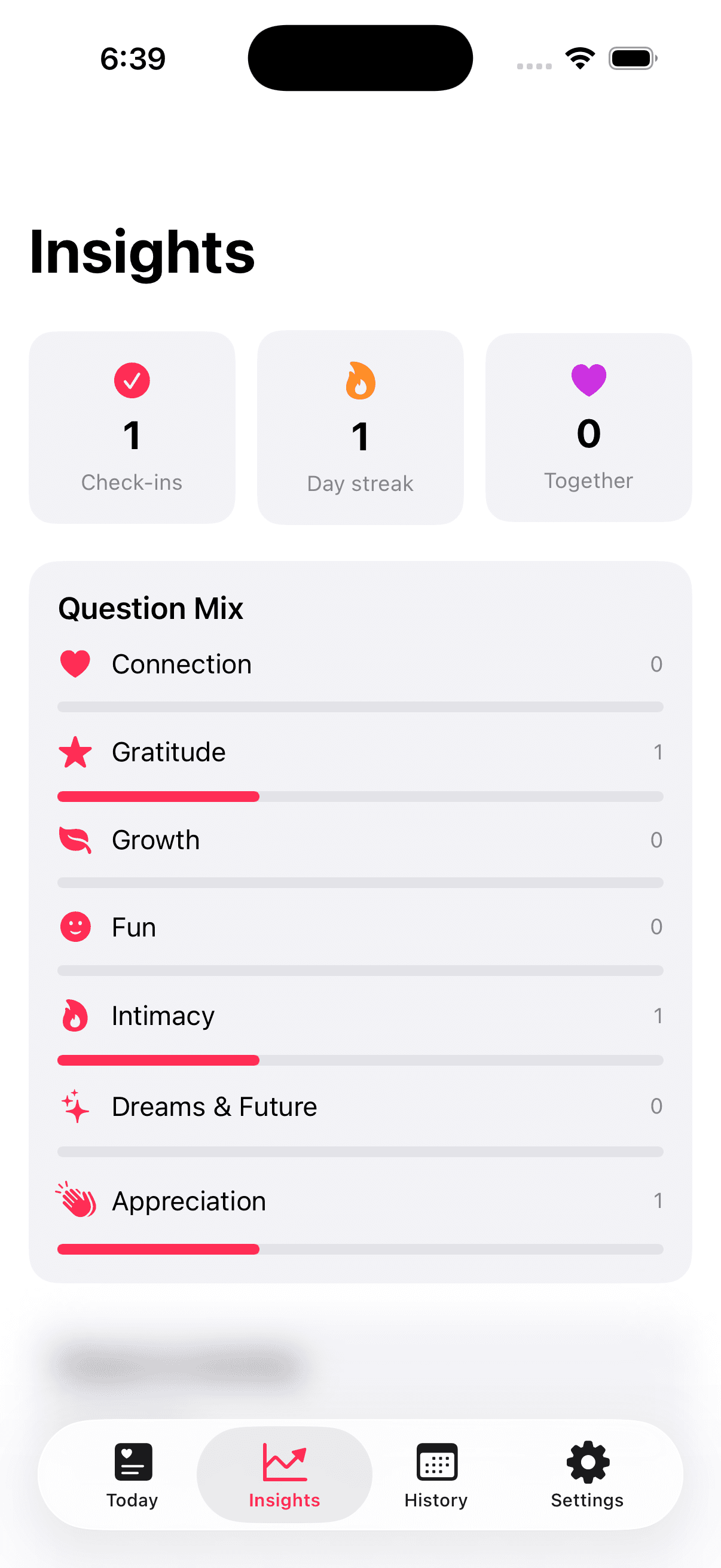 Threengs Insights screen with check-in totals, streak, and question category mix