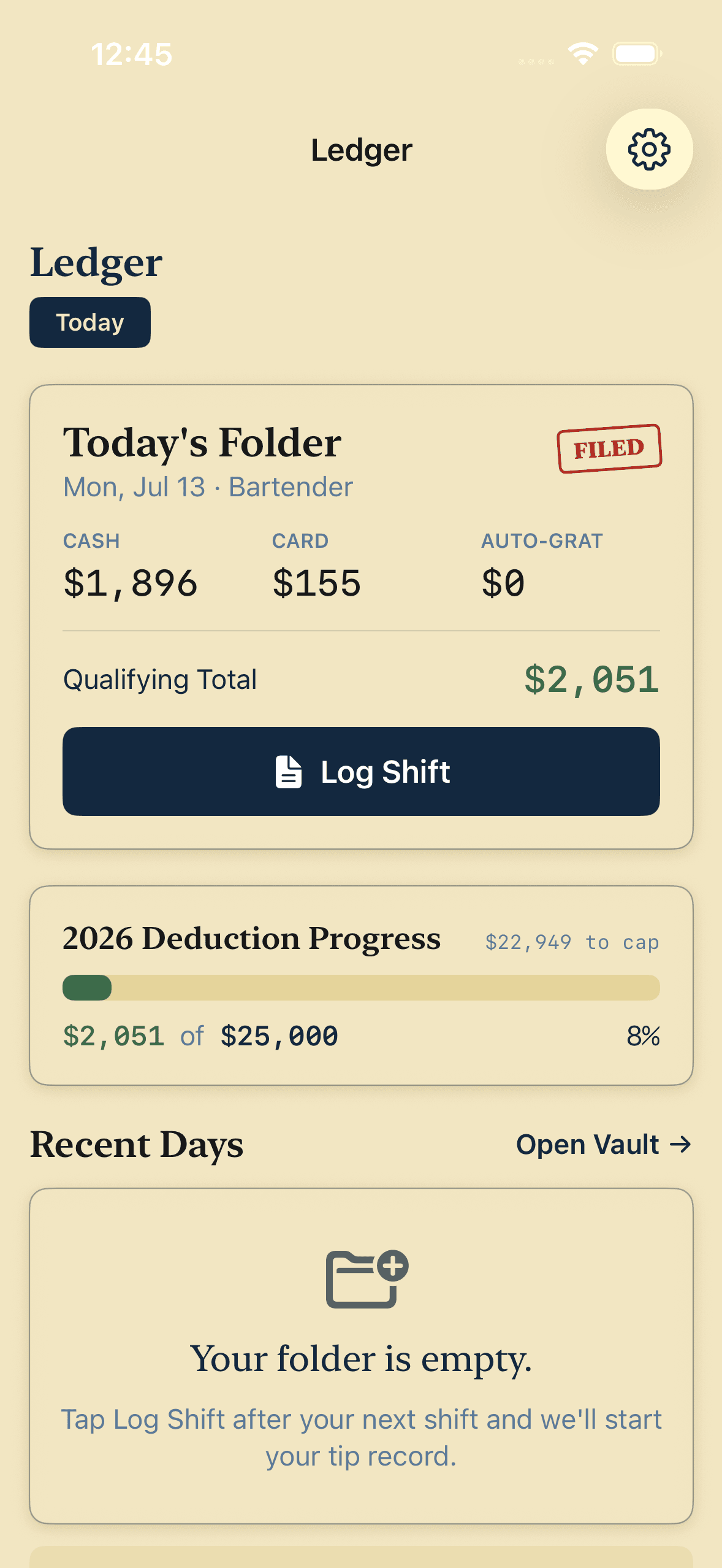 TipKeep's Ledger home screen: Today's Folder stamped FILED with $1,896 cash, $155 card, $0 auto-gratuity, a $2,051 qualifying total, and the 2026 Deduction Progress bar at 8% of the $25,000 cap