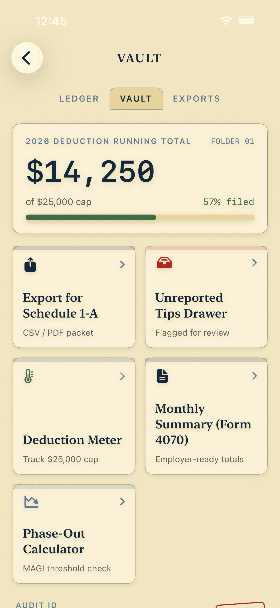 TipKeep's Vault screen: a $14,250 of $25,000 deduction running total at 57% filed, with links to Export for Schedule 1-A, the Unreported Tips Drawer, Deduction Meter, Monthly Summary, and Phase-Out Calculator