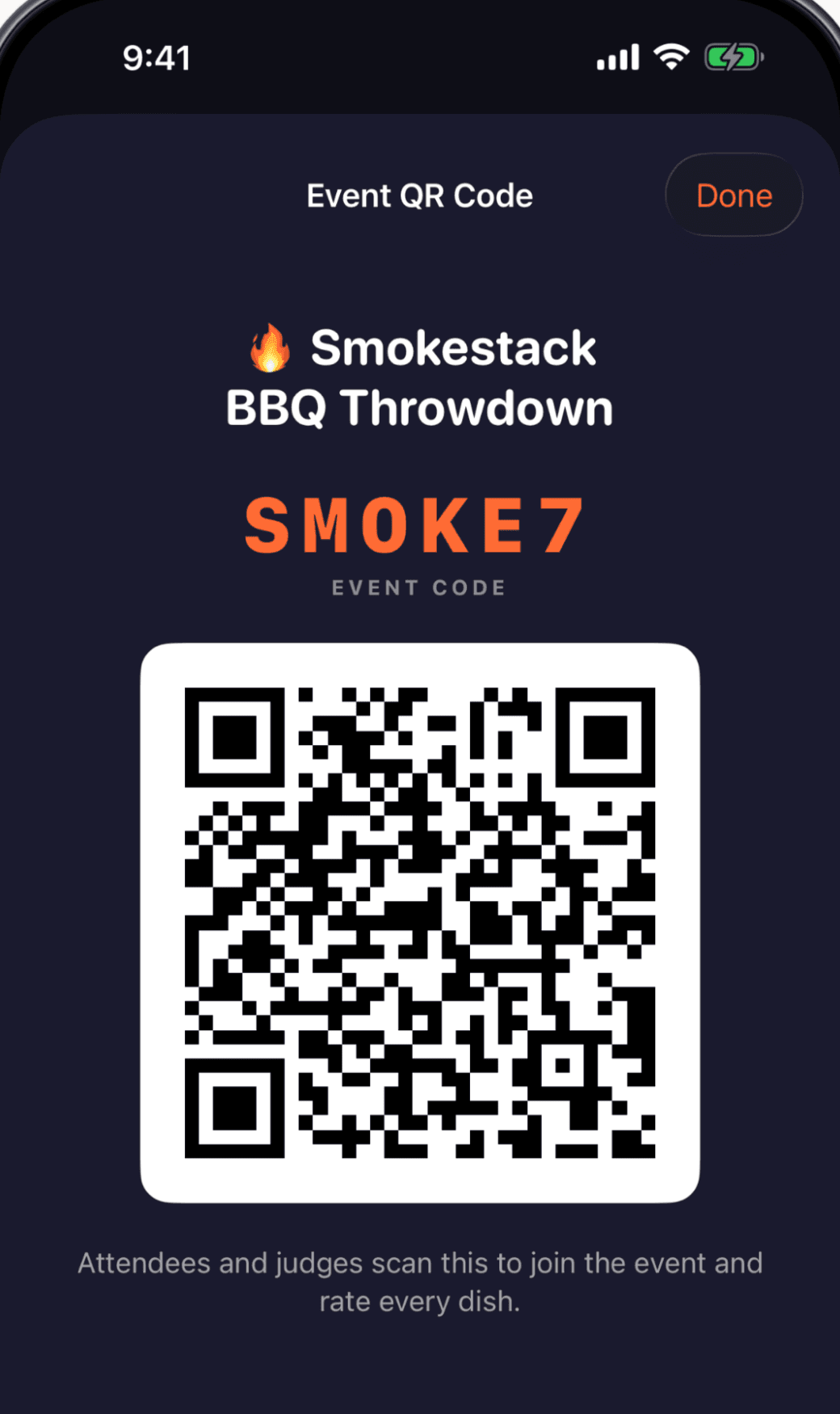 JudgeIt event QR code screen for the Smokestack BBQ Throwdown with event code SMOKE7, reading: attendees and judges scan this to join the event and rate every dish