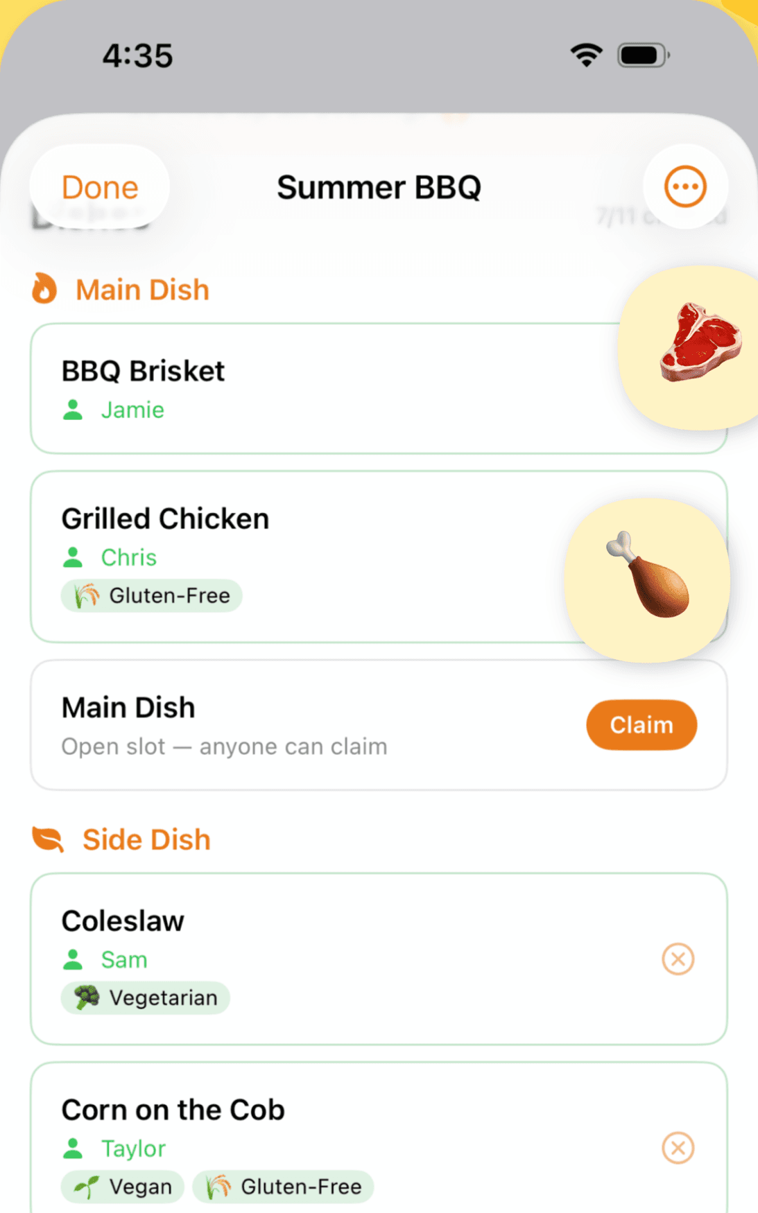 Potluck Coordinator dish list for Summer BBQ: BBQ Brisket claimed by Jamie, Grilled Chicken claimed by Chris tagged Gluten-Free, an open Main Dish slot with a Claim button, and side dishes tagged Vegetarian and Vegan.