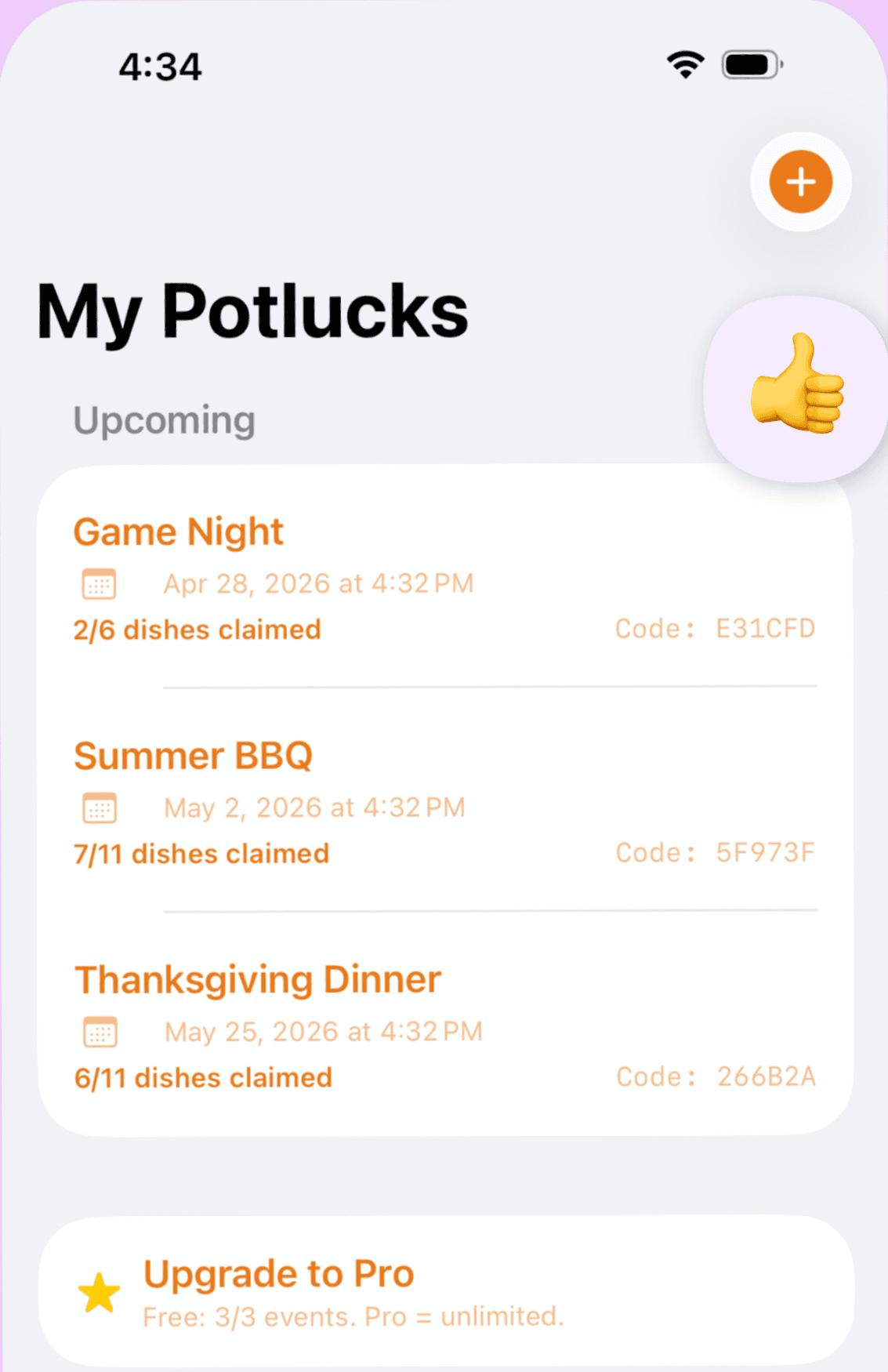 Potluck Coordinator app screen listing three upcoming potlucks, Game Night, Summer BBQ, and Thanksgiving Dinner, each with a join code and a count of dishes claimed out of the total.